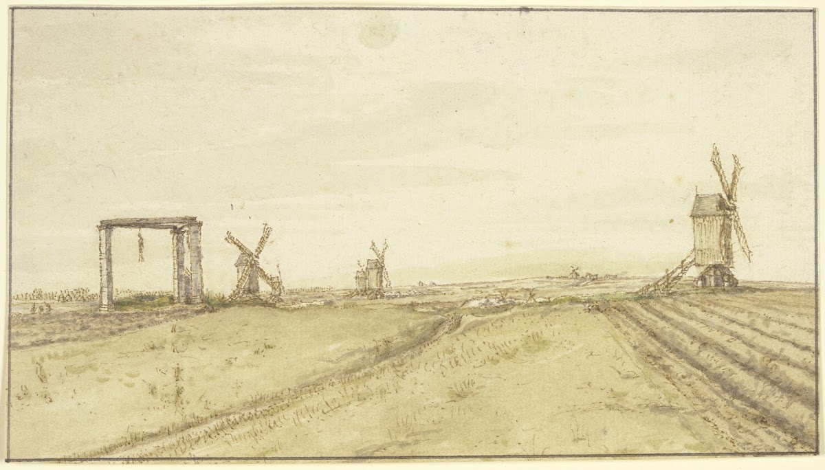 Flache Landschaft mit Windmühlen und Galgen