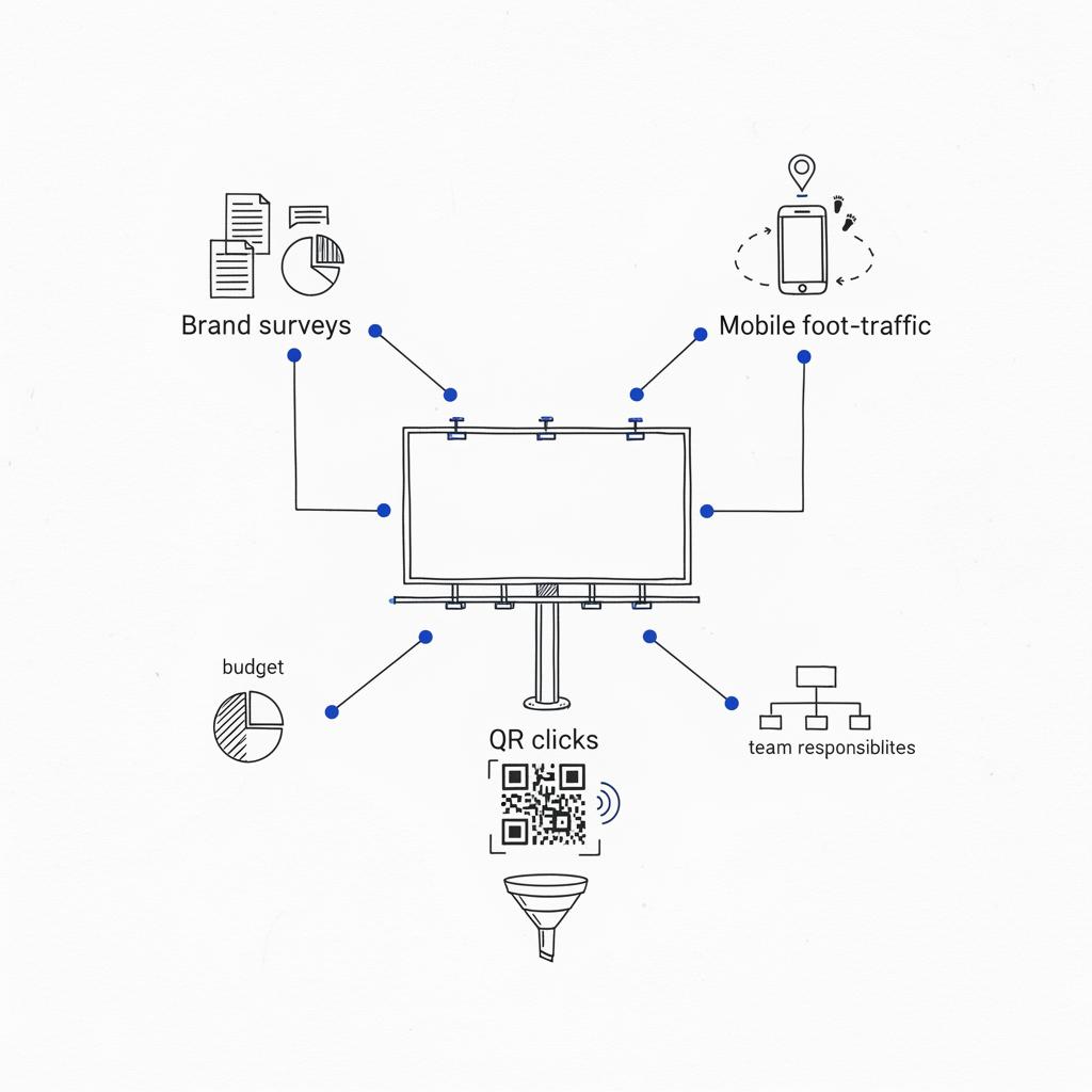 Vector notebook-style schematic of measurement tools (surveys, mobile foot-traffic, QR clicks) arranged around a central billboard sketch on a clean white background &mdash; billboard attention