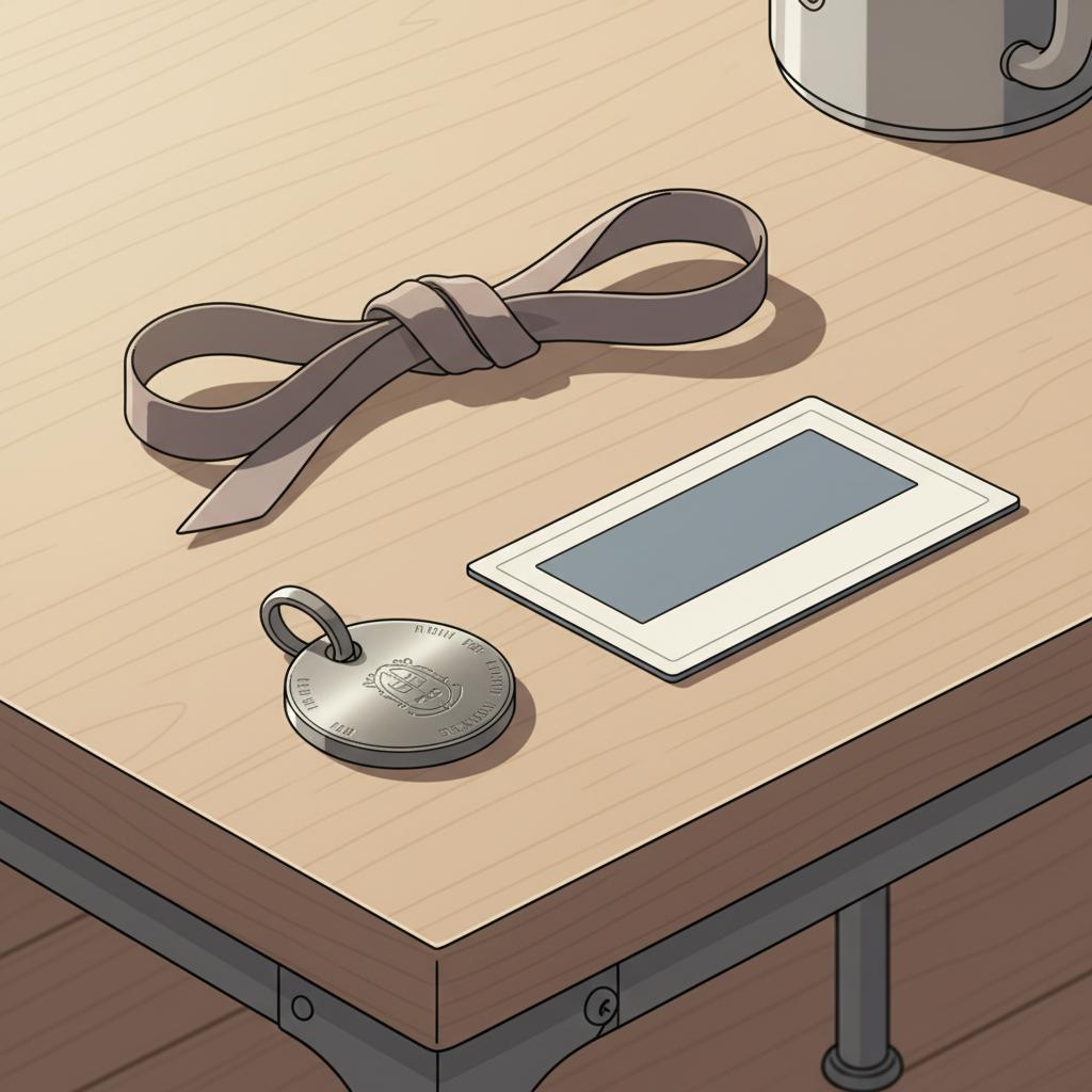 Nahaufnahme von Geschenken auf einem Holztisch: gravierter Metallanhänger, kleiner Geschenkgutschein und Band in warmer, minimalistischer 2D-Vektor-Illustration – geschenkideen für geschwister