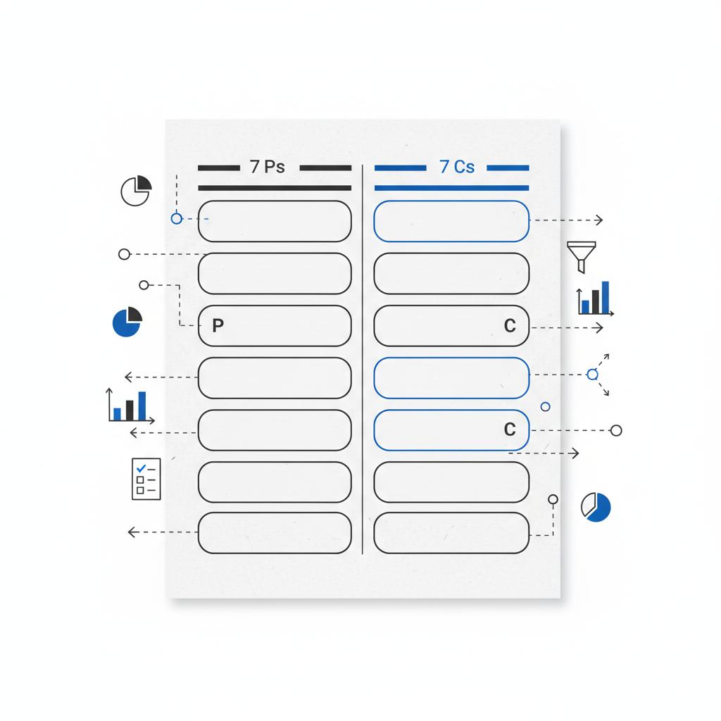 Minimal 2D vector marketing brief template sketch showing side-by-side columns for 7 Ps and 7 Cs in marketing with metric icons and blue-gray accents