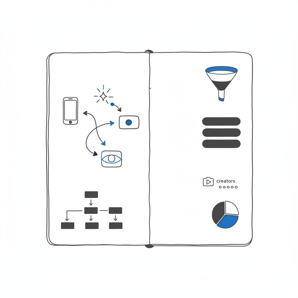Minimal 2D vector notebook page with clean campaign flow diagrams and icons visualizing TikTok ad formats, budget split, creators and audience in white, charcoal and blue.