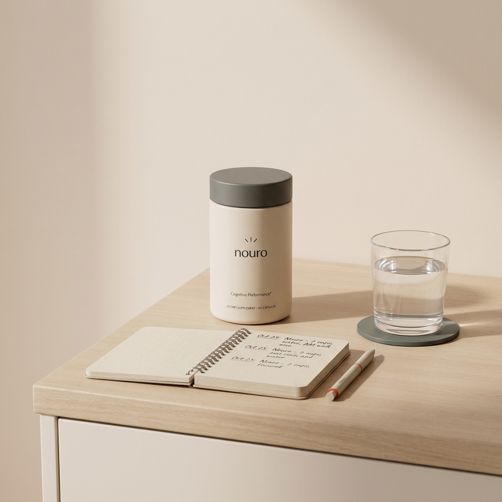 Tonum Nouro supplement container on a tidy kitchen counter beside a dated spiral notebook, pen with orange accent, and glass of water, suggesting a daily routine to address cognitive decline.