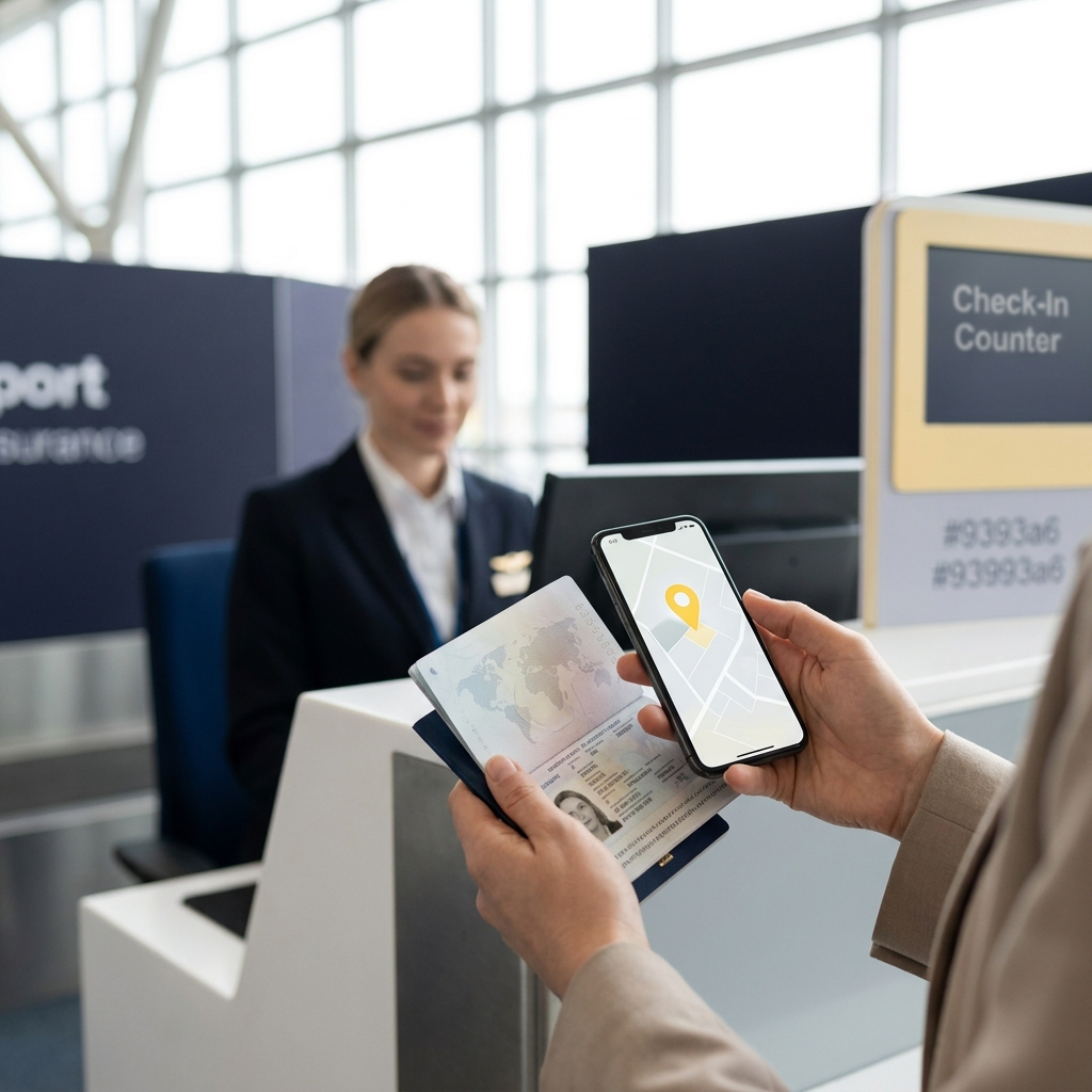 Traveler presenting ID and smartphone showing a location pin at an airport conveying lawful travel before placing wagers georgia betting apps