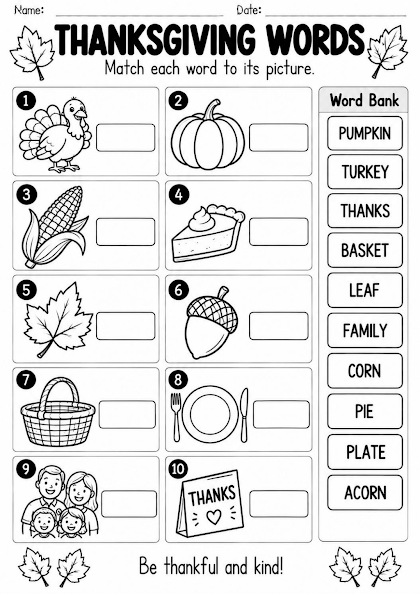 Thanksgiving Vocabulary Match Worksheet