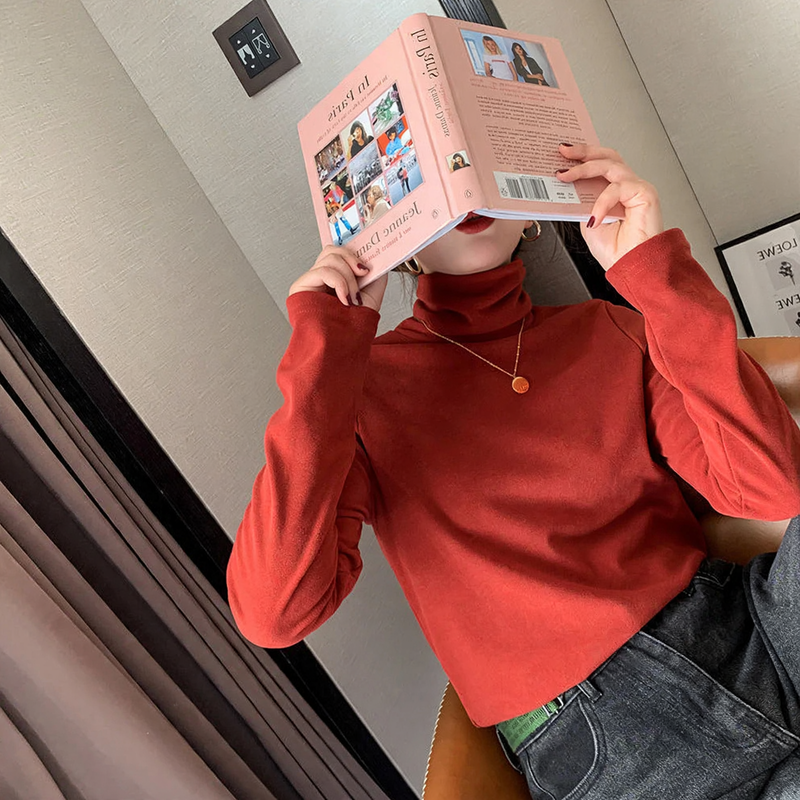 Women's turtleneck long sleeve shirt with double-sided fleece