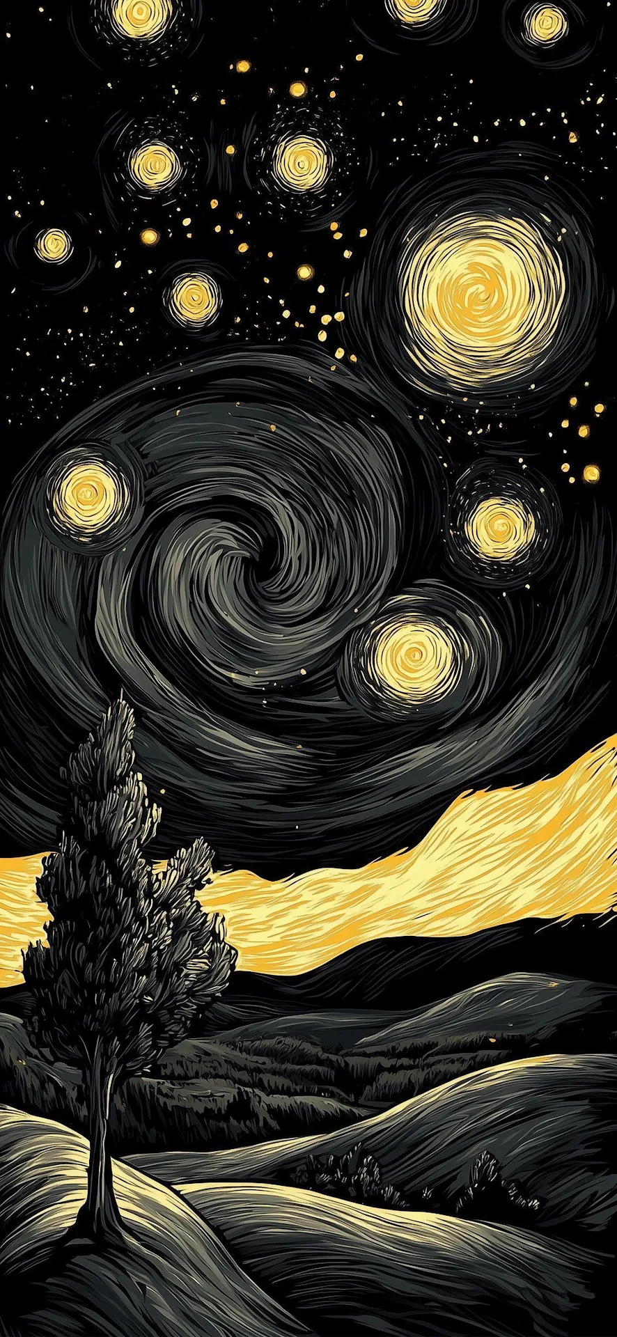 Stylized Starry Night Cypress Tree Dark Landscape Art - Free 4K mobile Wallpaper