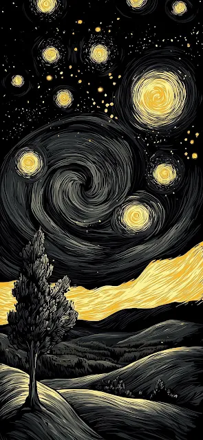 Stylized Starry Night Cypress Tree Dark Landscape Art