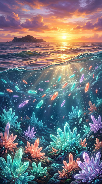 Surreal Underwater Crystals Growing Toward a Golden Sunset - Free mobile Wallpaper