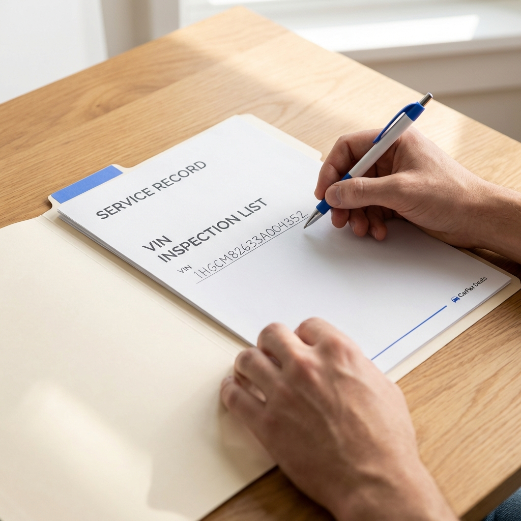Close up of service record folder and VIN inspection list on a table with hands holding a pen and blue accents CarFax Deals used toyota sienna for sale