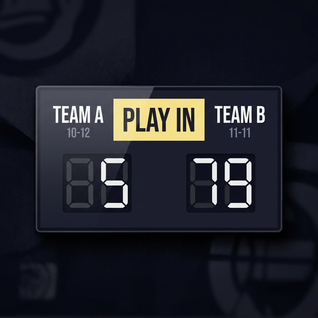 Close up scoreboard displaying team records and a Play In graphic overlay for dallas mavericks prediction in clean minimalist broadcast style using brand colors
