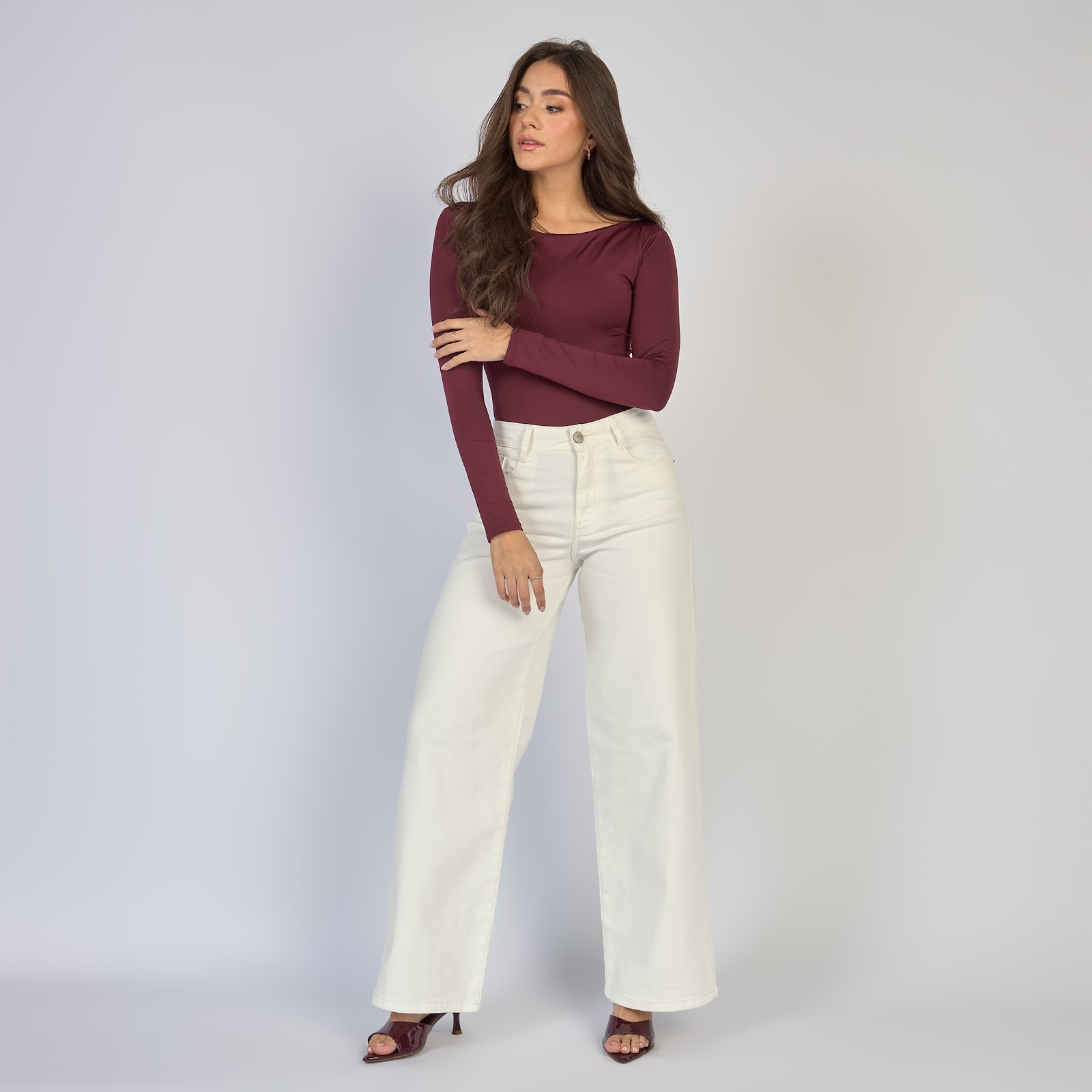 Jean dama wide leg tiro alto licrado, color Ivory - Vista 2