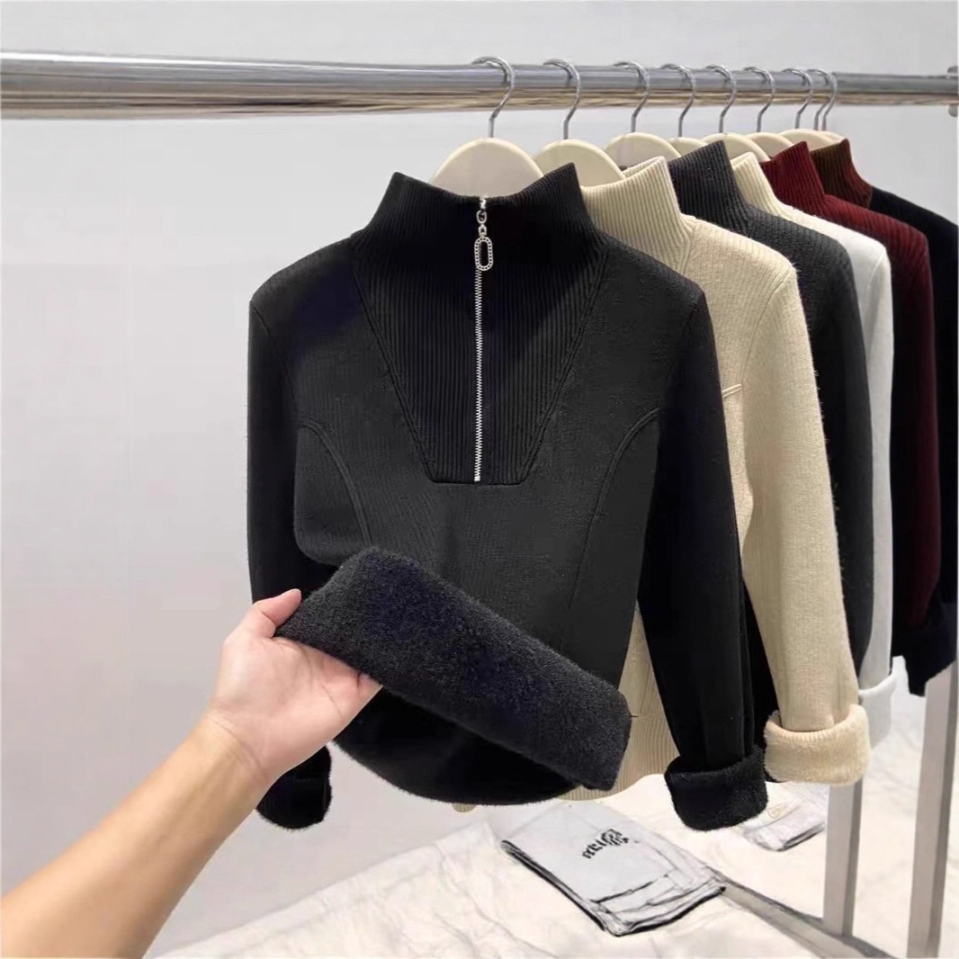 Damen-Strickpullover mit Stehkragen und Fleecefutter