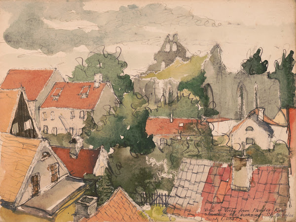 View of Visby from Norder Klint showing the ruins of St Nicholas 1948