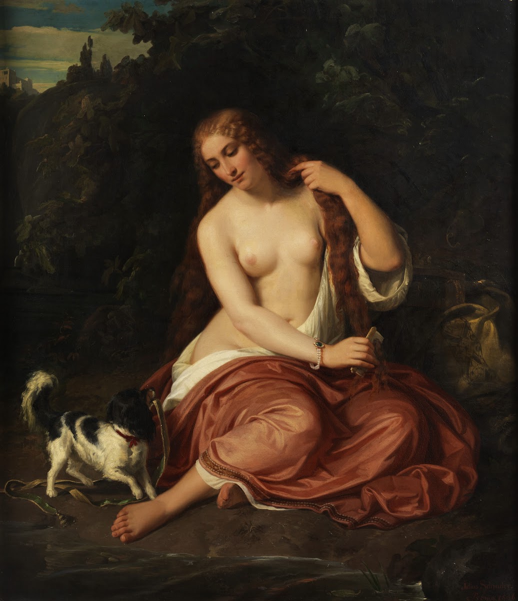 Halbakt eines jungen Mädchen mit Hund 1846