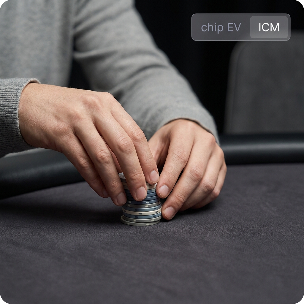 Close up of hands moving poker chips with minimalist overlay labels chip EV versus ICM comparing values for Trading Favorites in Early Tournament Rounds