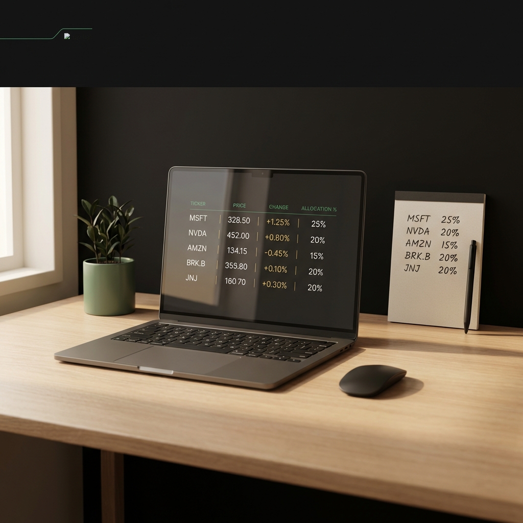 top 5 stocks to buy right now laptop watchlist showing MSFT NVDA AMZN BRK.B JNJ notepad with allocation percentages on clean desk in Finance Police brand colors