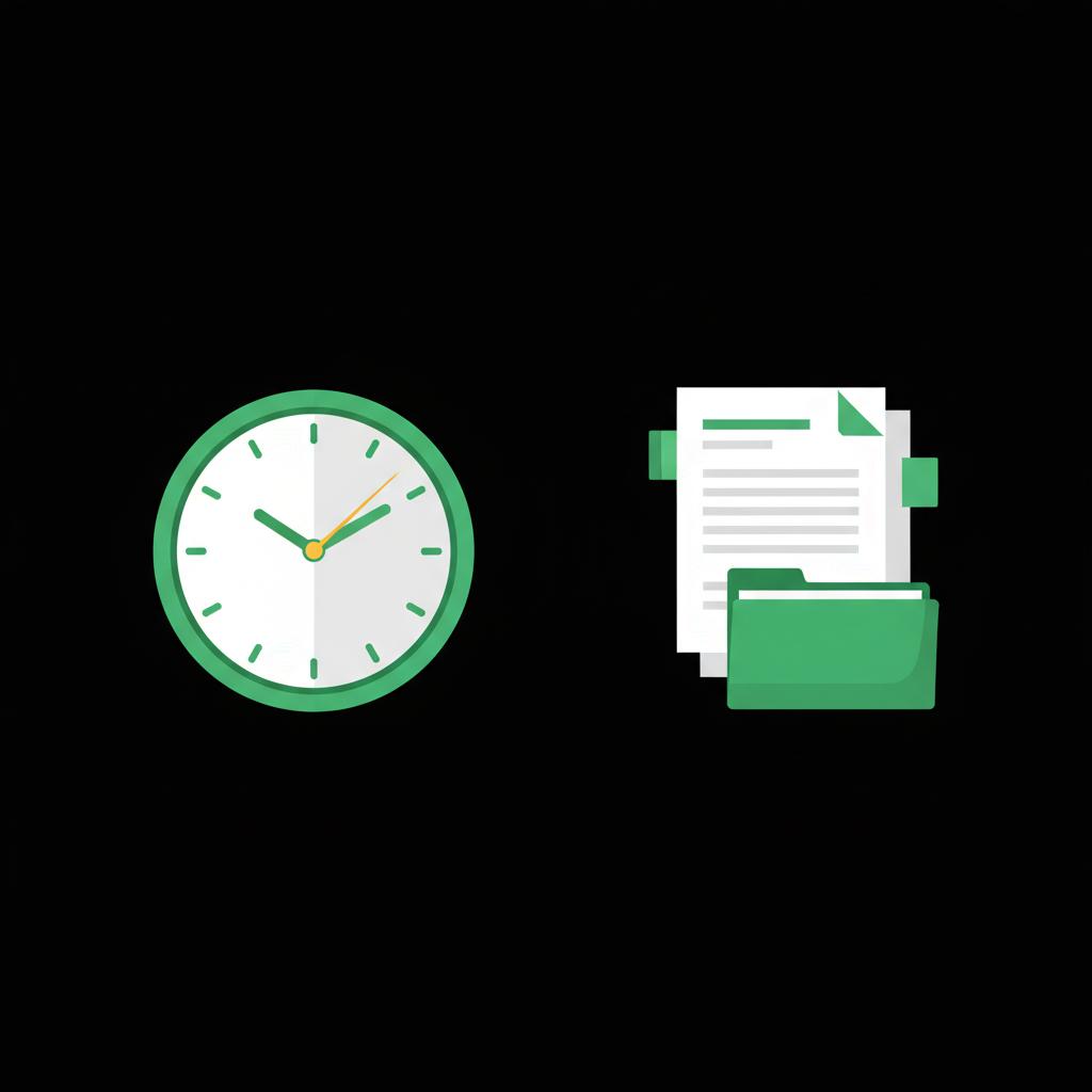 Minimalist 2D vector split image of a ticking clock and a tidy stack of documents representing time horizon and recordkeeping for stock market basics