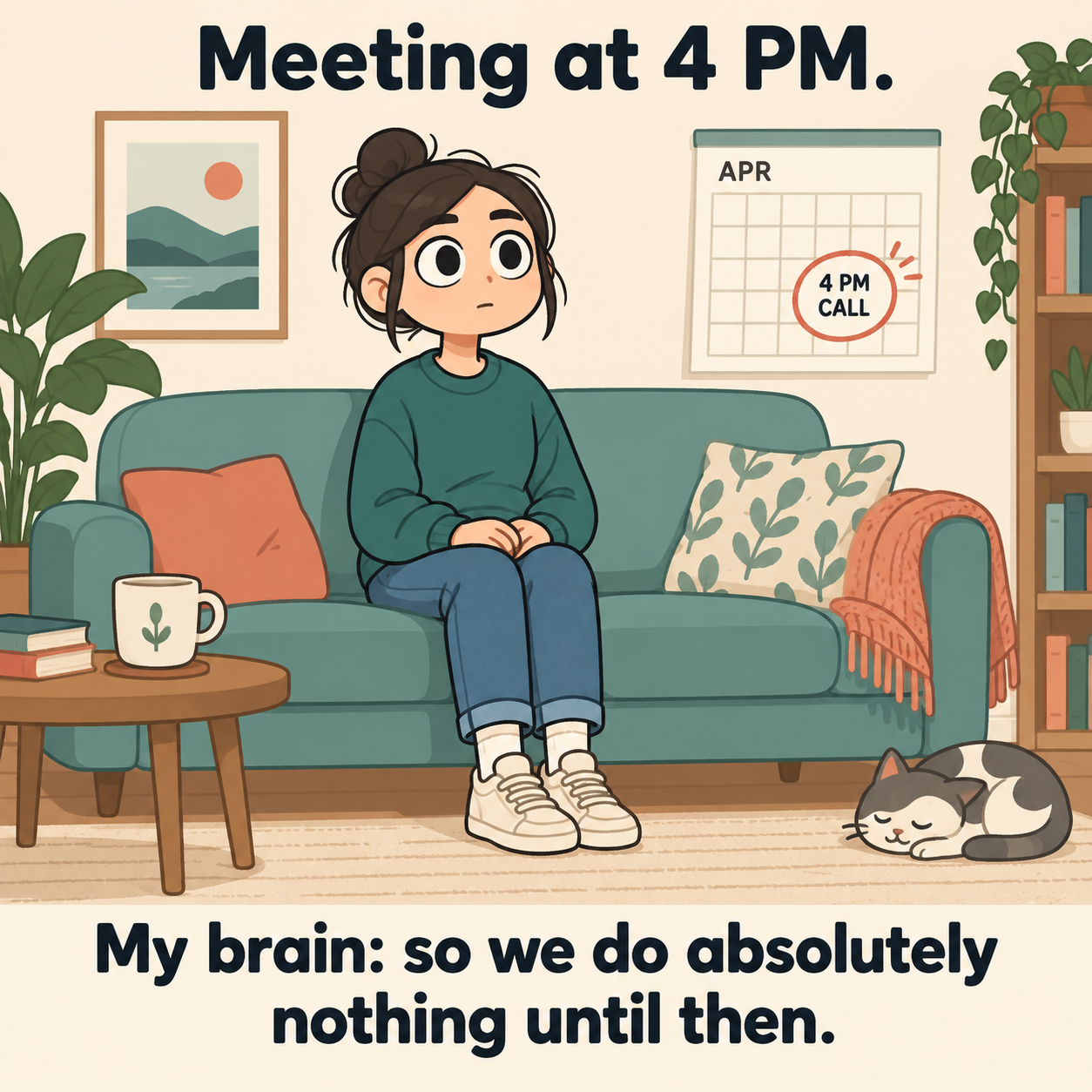 Cartoon of a person sitting stiffly on a couch in front of a calendar circled with 4 PM call, captioned "Meeting at 4 PM. My brain: so we do absolutely nothing until then."