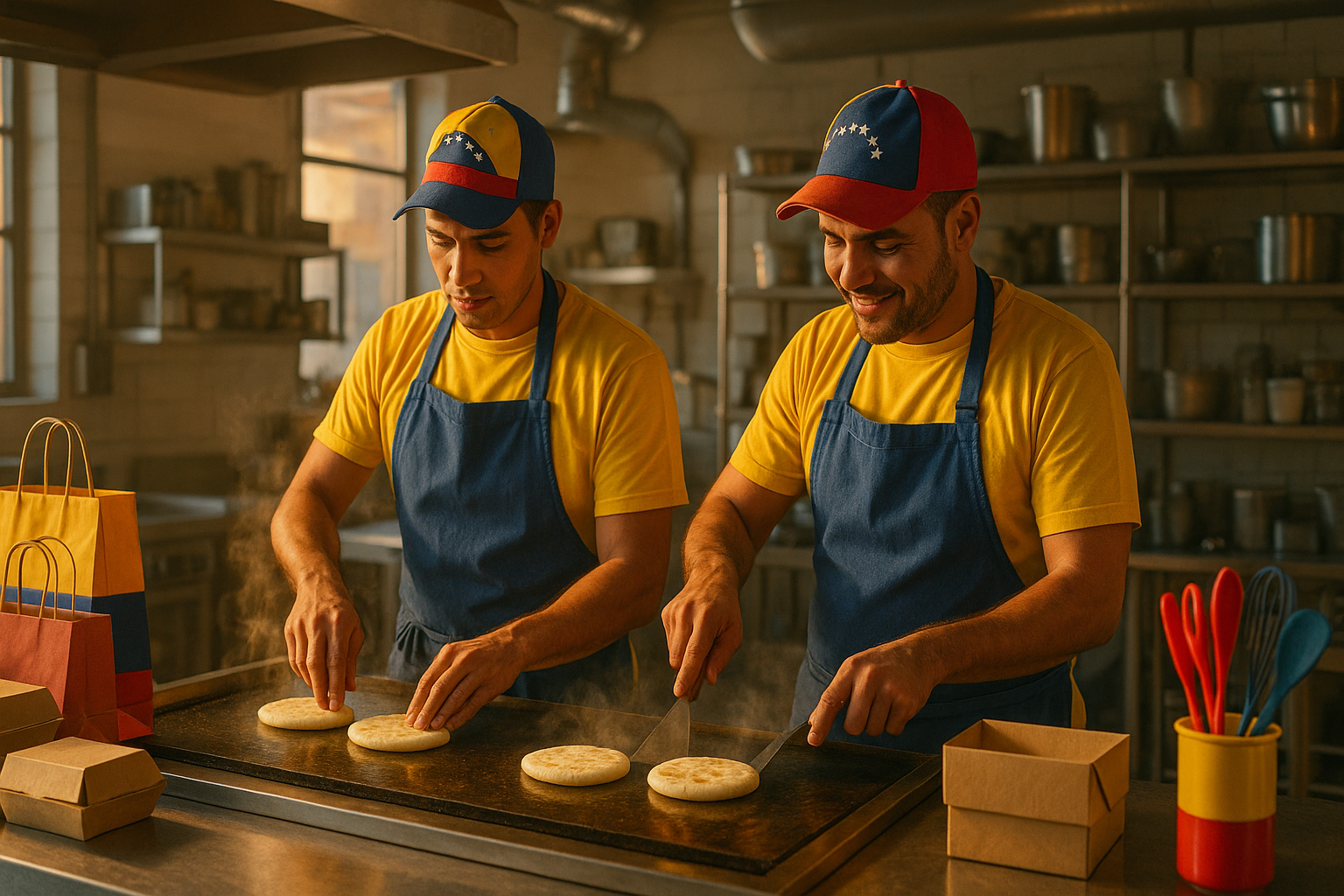 Cocineros venezolanos preparando arepas en una cocina compartida para delivery