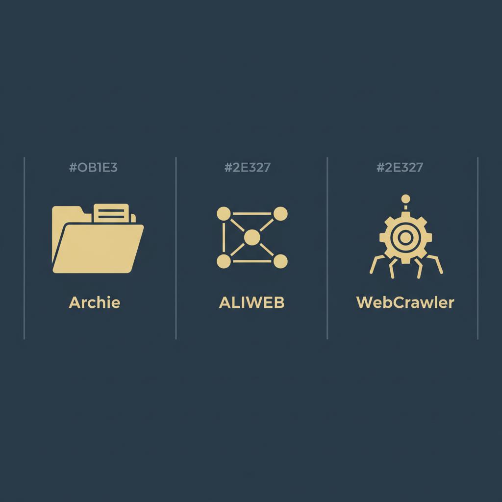 Minimal 2D vector infographic with three column icons representing Archie ALIWEB and WebCrawler in Orvus Ltd brand colors for top search engines