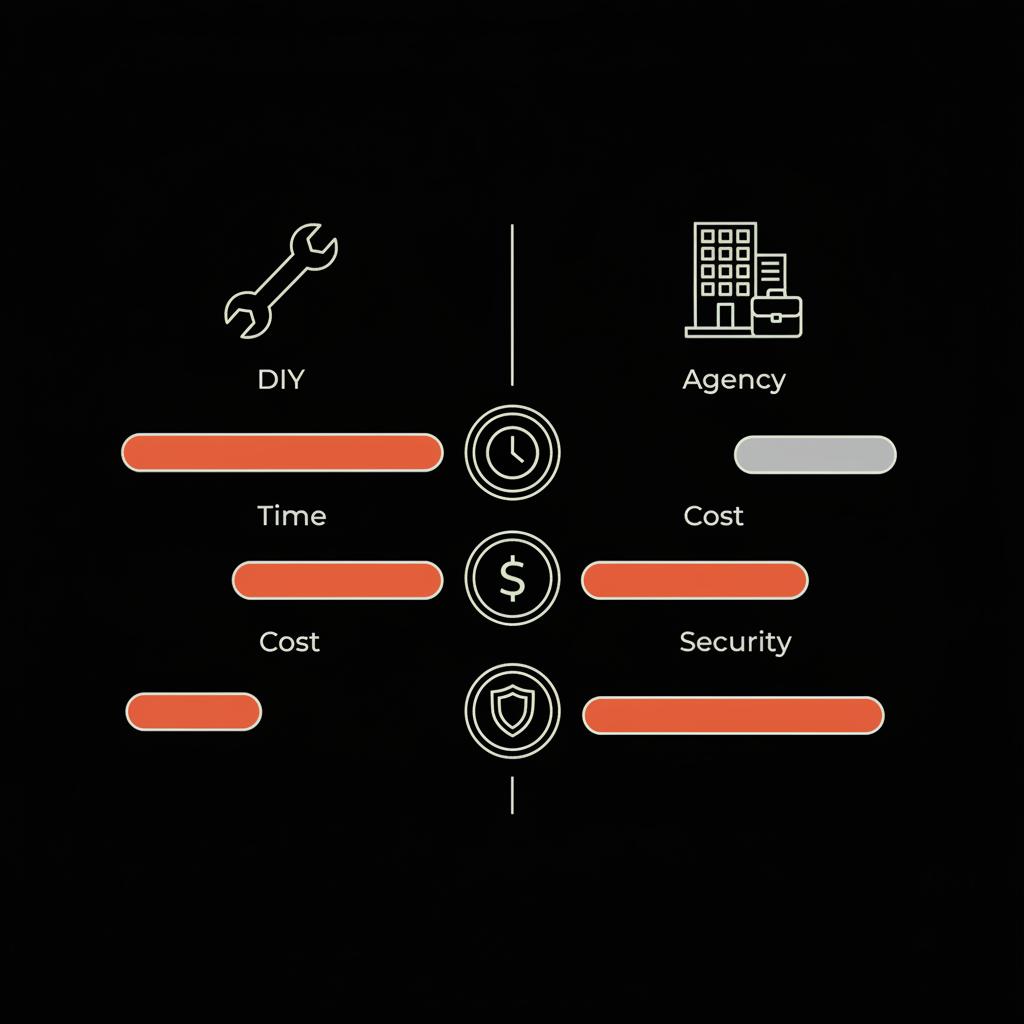 Minimal 2D vector infographic comparing DIY vs Agency with clock, dollar and shield icons showing time, cost and security — get verified on a Facebook business page