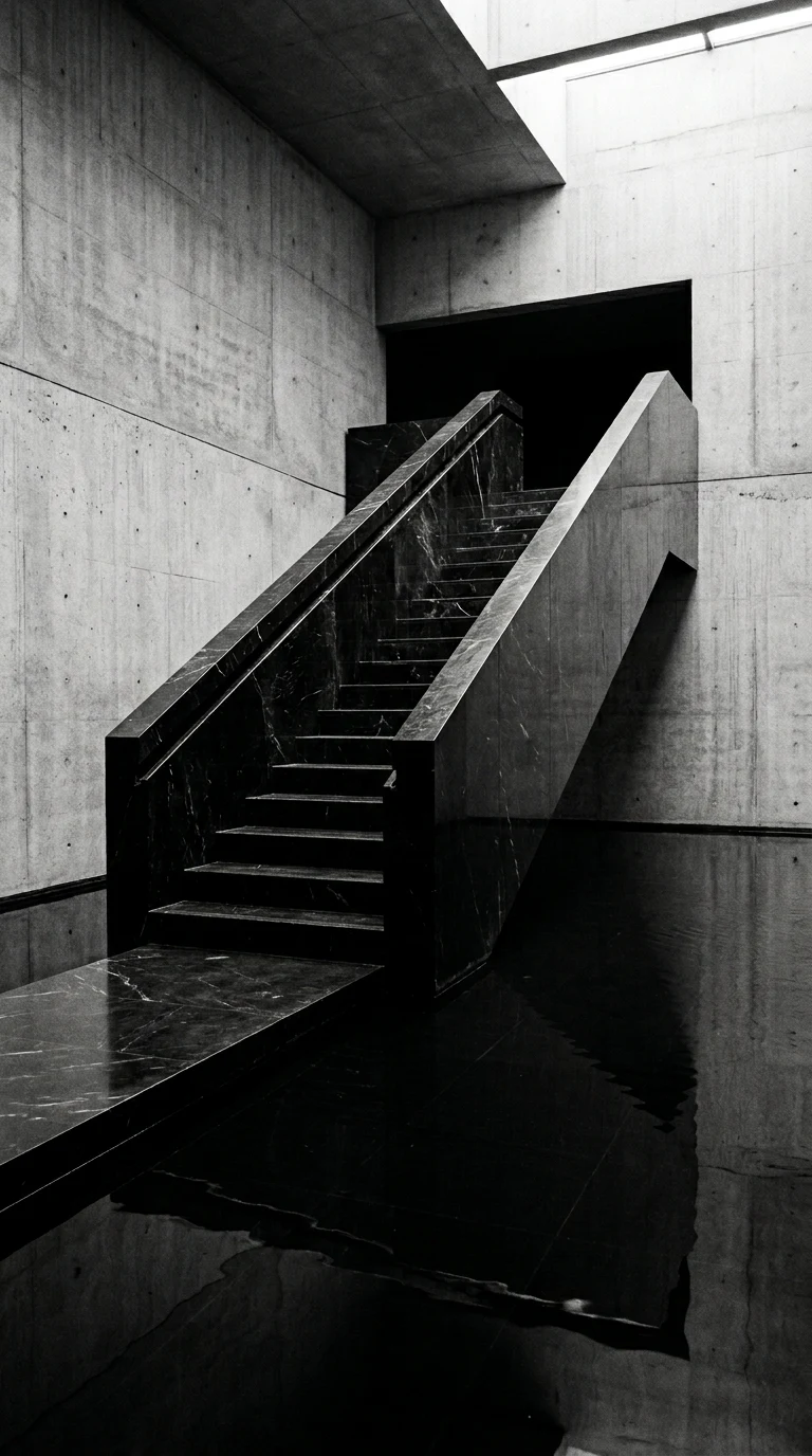 Brutalist Black Marble Staircase and Reflective Water Wallpaper - Free 4K mobile Wallpaper