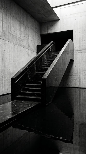 Brutalist Black Marble Staircase and Reflective Water Wallpaper - Free mobile Wallpaper