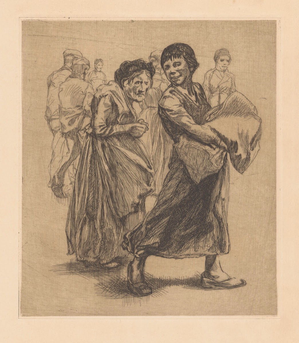 Vrouw met zak en vrouw met krom postuur