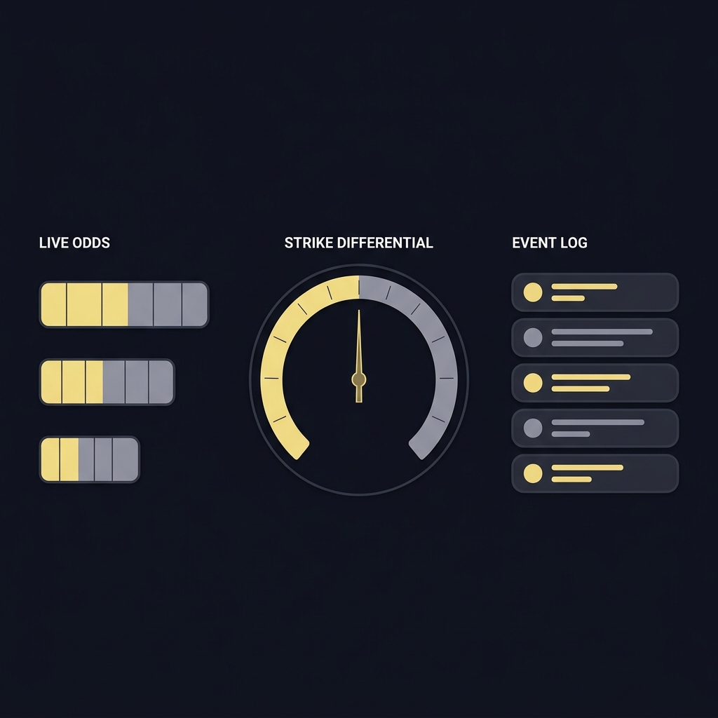 Minimalist 2D vector dashboard mockup with live odds bars strike differential gauge and compact event log in Funded Plays colors designed for Trading Heavy Favorites in MMA