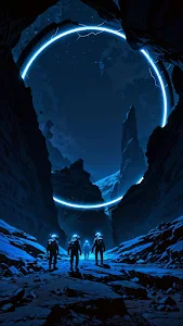 Astronauts Under Glowing Blue Ring in Canyon
