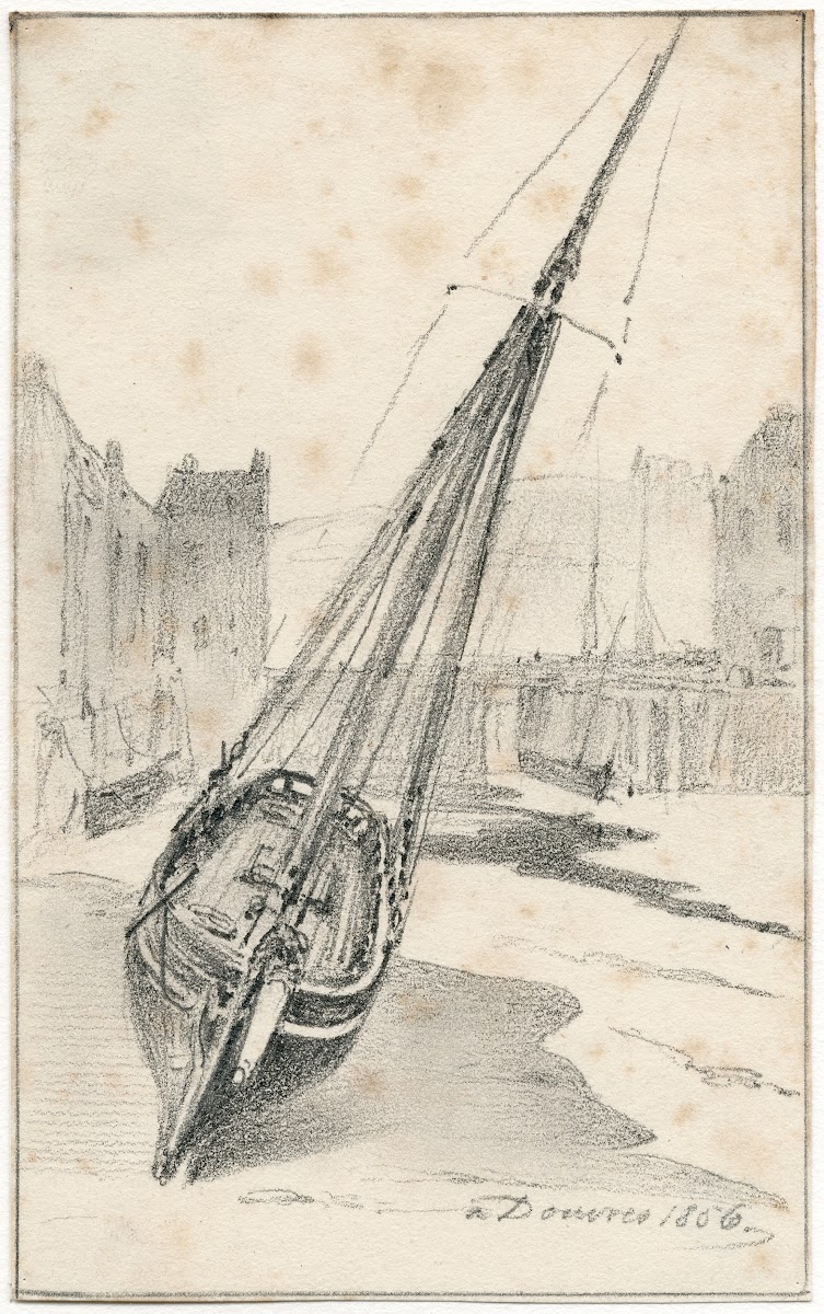 Een zeilboot op het strand bij Dover 1856