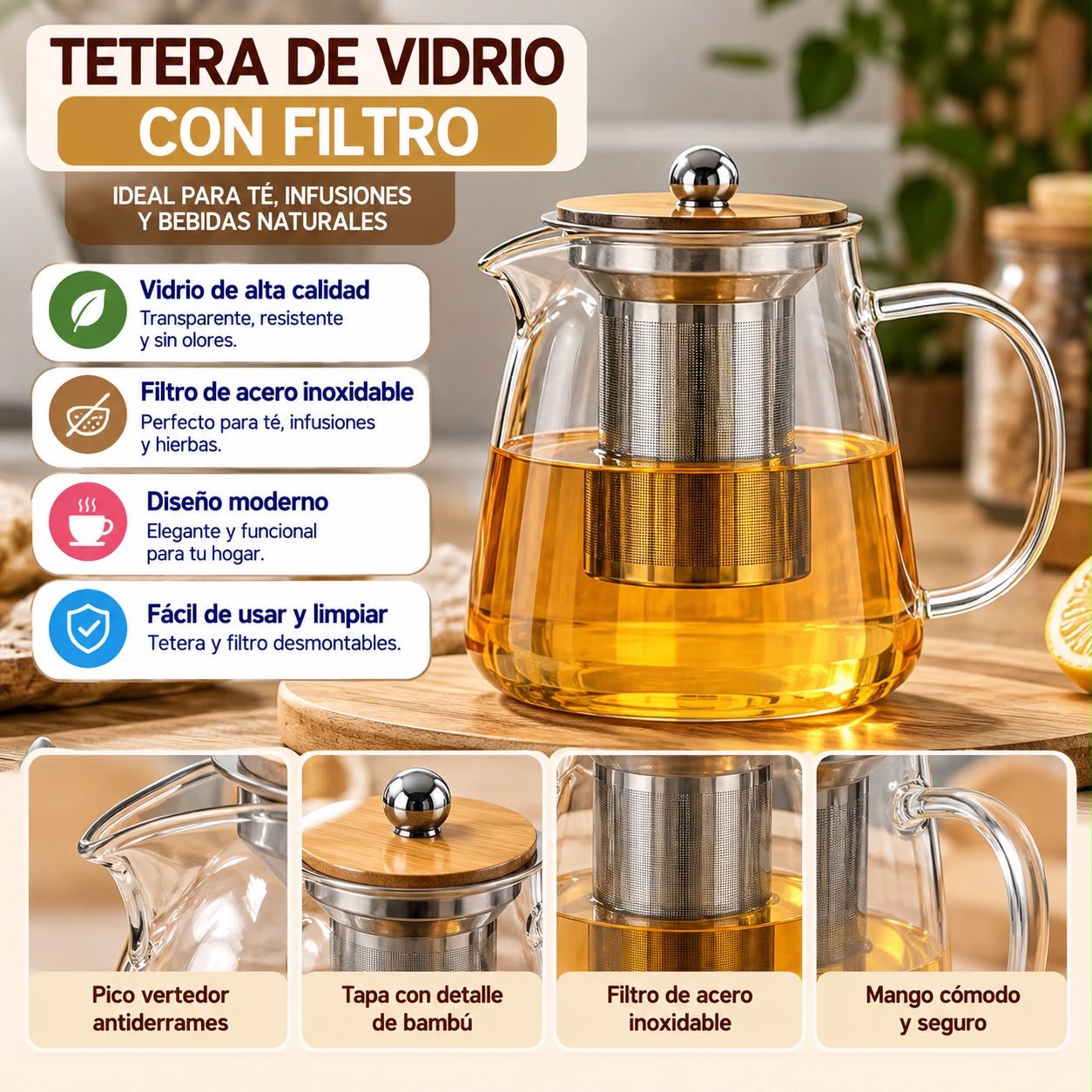 Tetera de vidrio con infusor de acero inoxidable