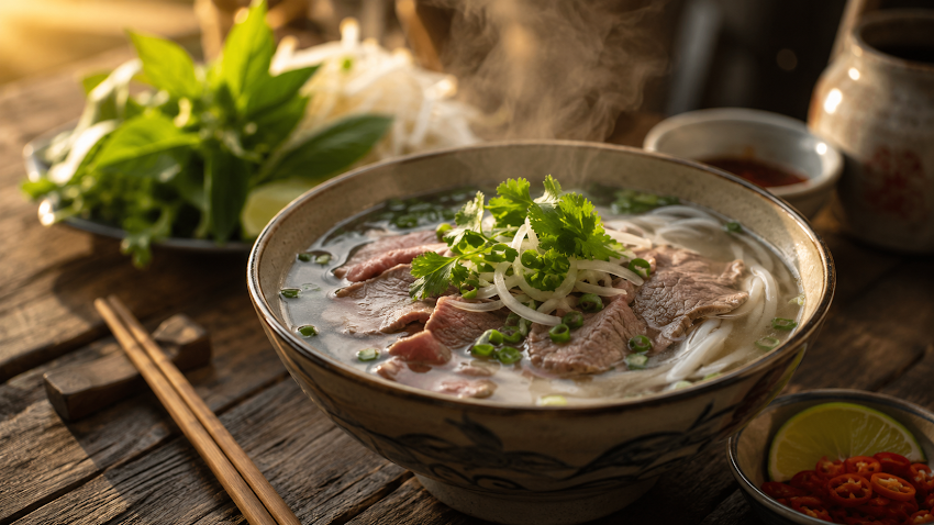 Tô phở nóng bốc khói trên bàn gỗ