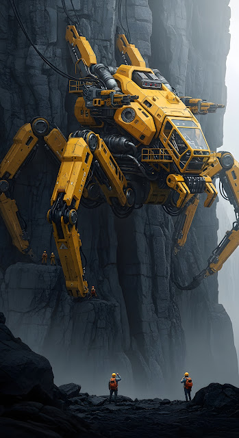 Massive Yellow Spider Mech Mining on Dark Vertical Cliff Face - Free mobile Wallpaper