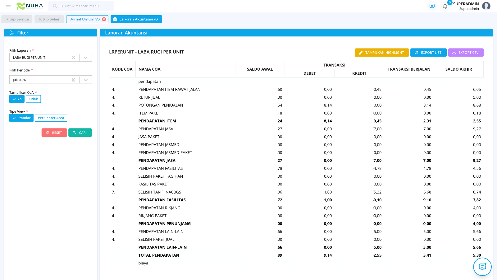Tampilan fitur Laporan & Transaksi Berkala pada Modul Akuntansi NUHA