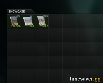 Escape from Tarkov stash showcase displaying RUB, EUR and USD currency stacks side by side