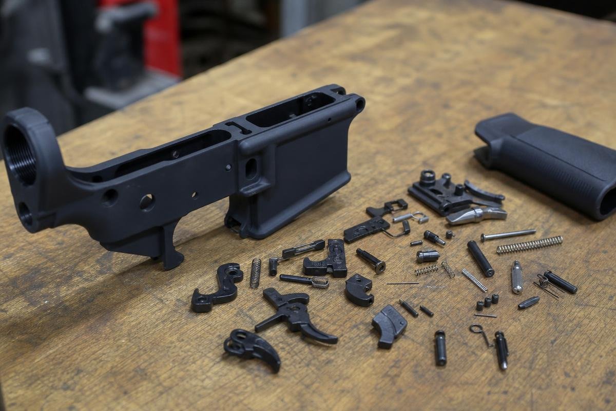 AR-15 lower parts kit components laid out for assembly