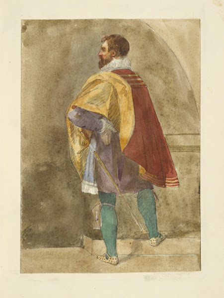 Man in maroon cape with gold lining purple tunic and green tights 1840