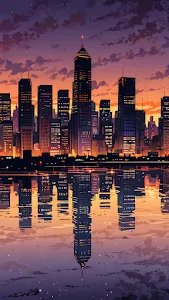 Dramatic City Skyline Silhouette Reflected at Sunset