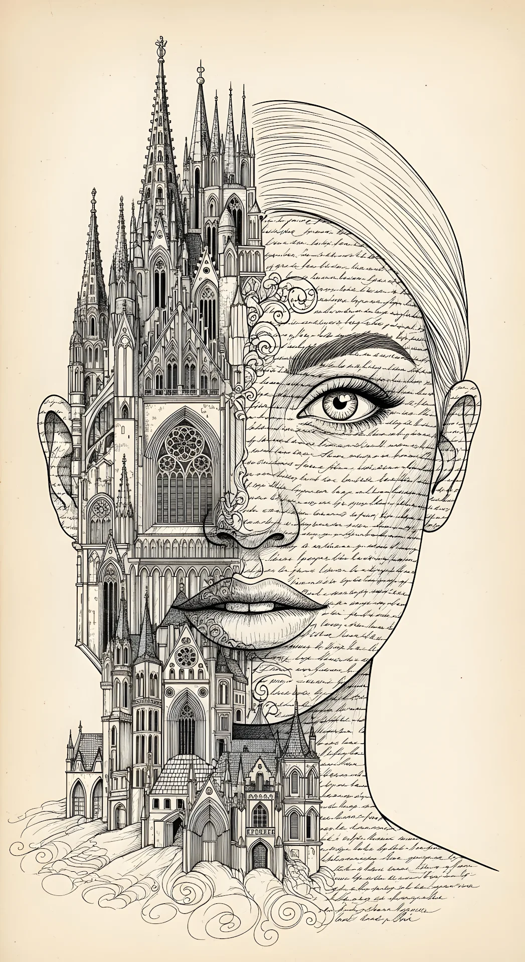 Surreal Gothic Cathedral Architecture Woman Face Drawing - Free 4K mobile Wallpaper