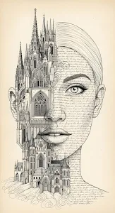 Surreal Gothic Cathedral Architecture Woman Face Drawing