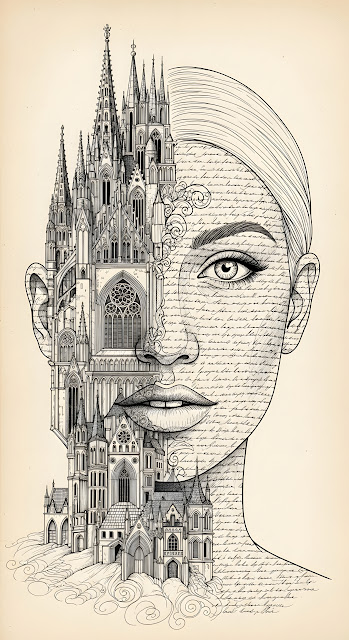 Surreal Gothic Cathedral Architecture Woman Face Drawing - Free mobile Wallpaper