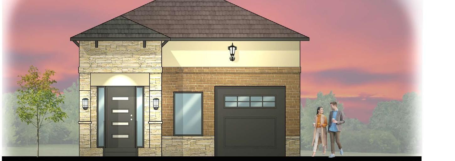 Rendering of a single-family senior home with stone and brick facade