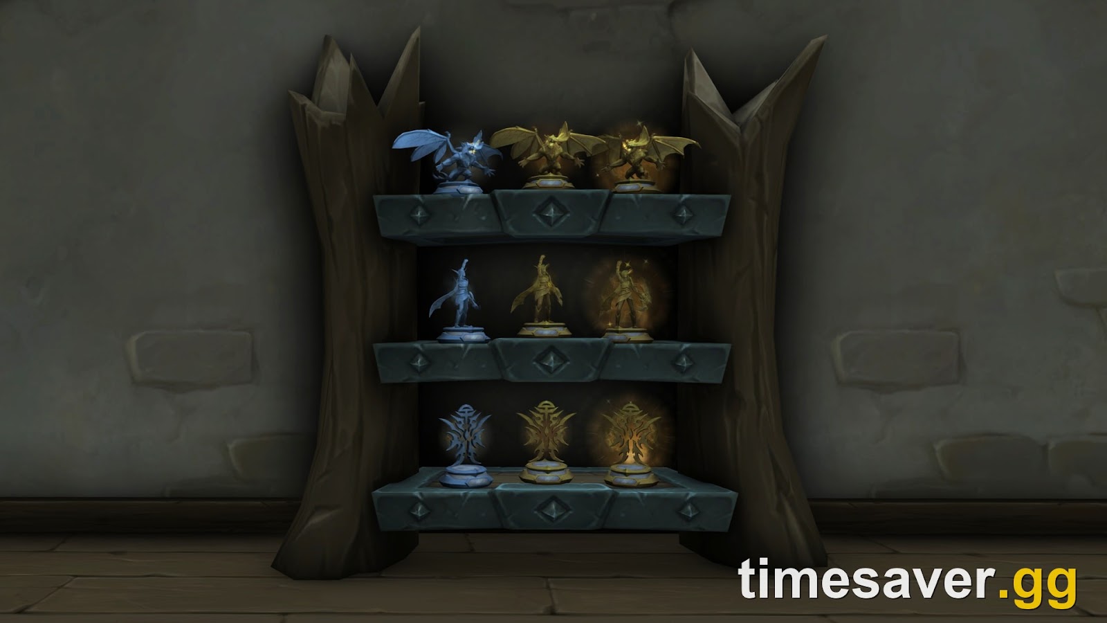WoW Midnight raid housing decor — the Argent, Gleaming, and Aureate Vanquisher's Trophies on a shelf