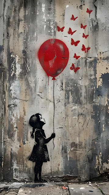 Minimalist Stencil Art of a Child Silhouetted with a Red Balloon - Free mobile Wallpaper