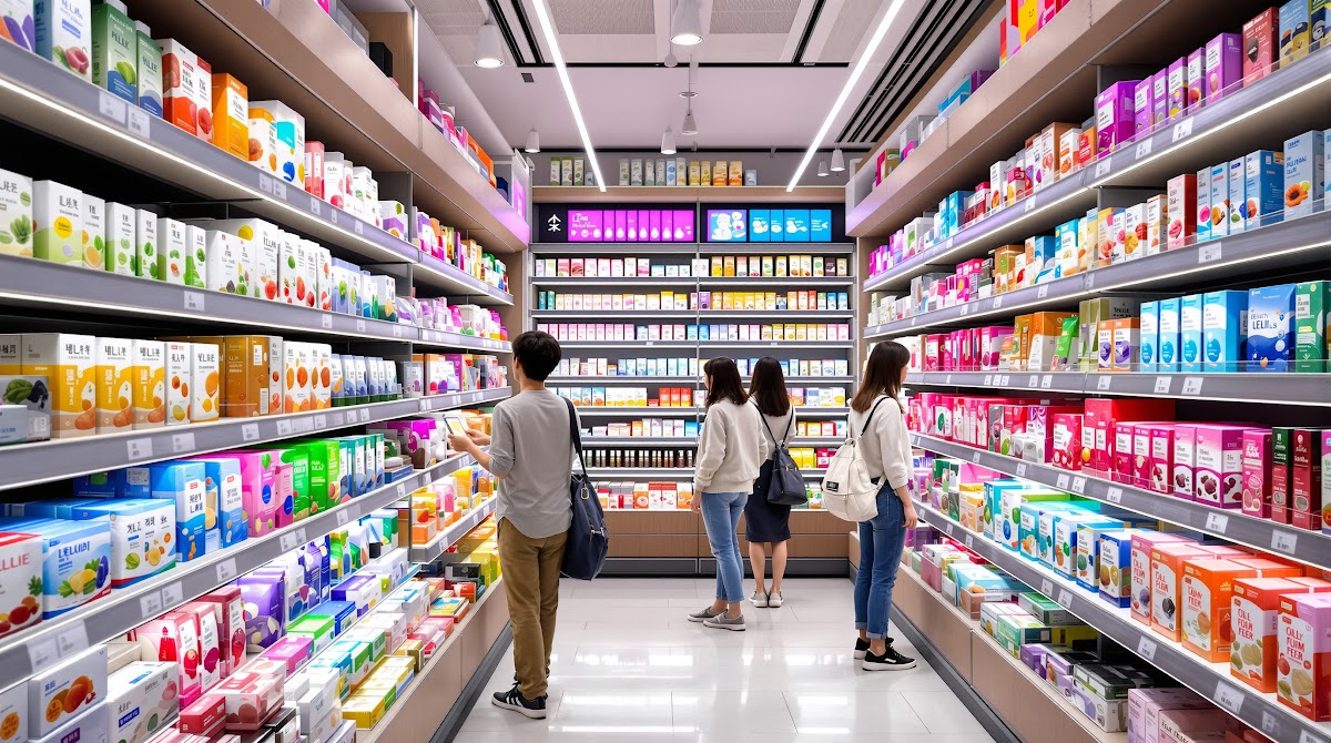 2025년 이너뷰티 시장에서 건강한젤리추천 제품들이 매대에 진열되어 있고, 젊은 소비자들이 다양한 기능성 젤리를 고르는 모습, 각각의 패키지에는 설탕·지방·글루텐 0% 등의 문구가 강조되어 있으며 활기찬 쇼핑 분위기