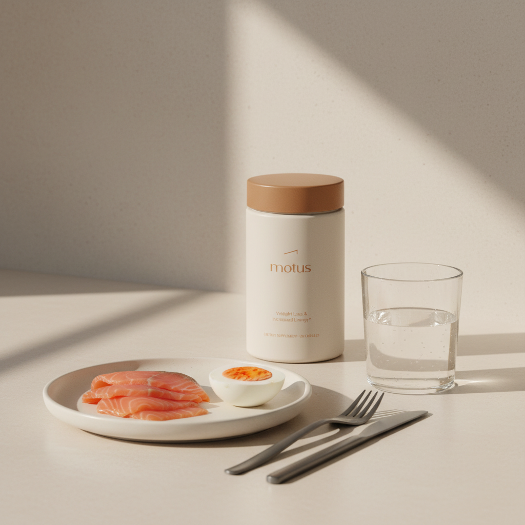Minimal countertop scene with Tonum product beside salmon slices, a halved egg and a glass of water illustrating vitamin B12 memory loss nutrition and daily supplement use