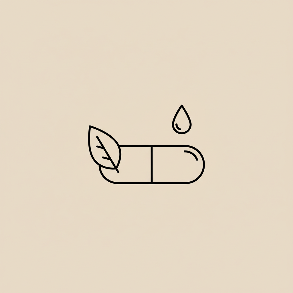 Minimalist Tonum-style line illustration of a magnesium capsule, leaf, and water droplet on beige background — magnesium complex vs glycinate