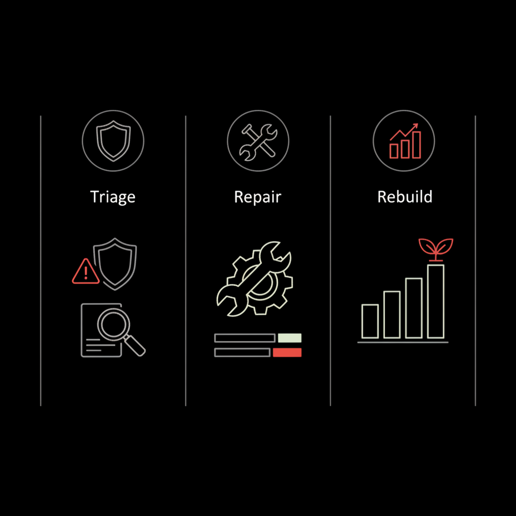 Minimal vector infographic of a 90-day reputation playbook in three columns (Triage, Repair, Rebuild) with icons on black background — how to remove Google review