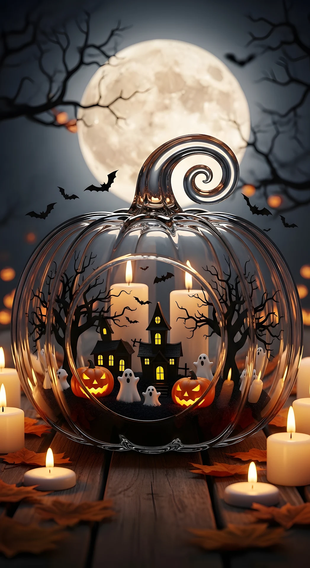 Glass Pumpkin Terrarium with Spooky Halloween Scene - Free 4K mobile Wallpaper